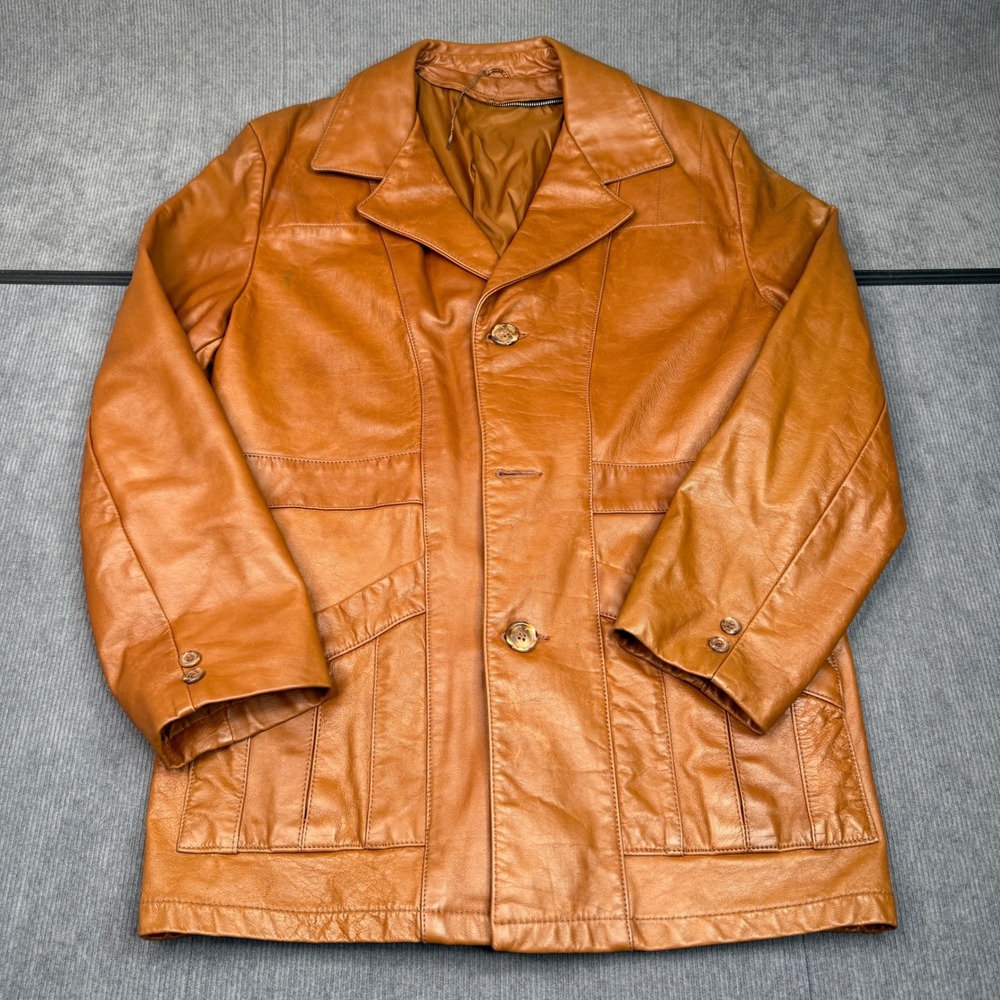 Vintage Tan Leather Car Coat Mid Length Notch Lapel Button Front Jacket 44 Chest